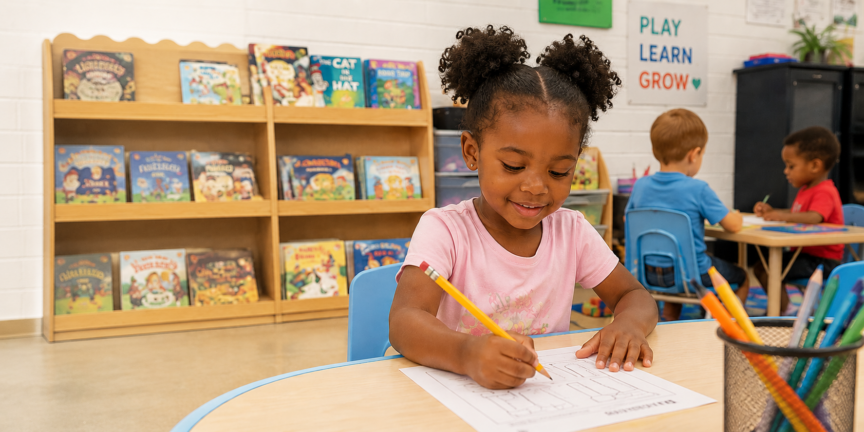 A child writing at a desk in a bright, book-filled classroom at The Village of Learning